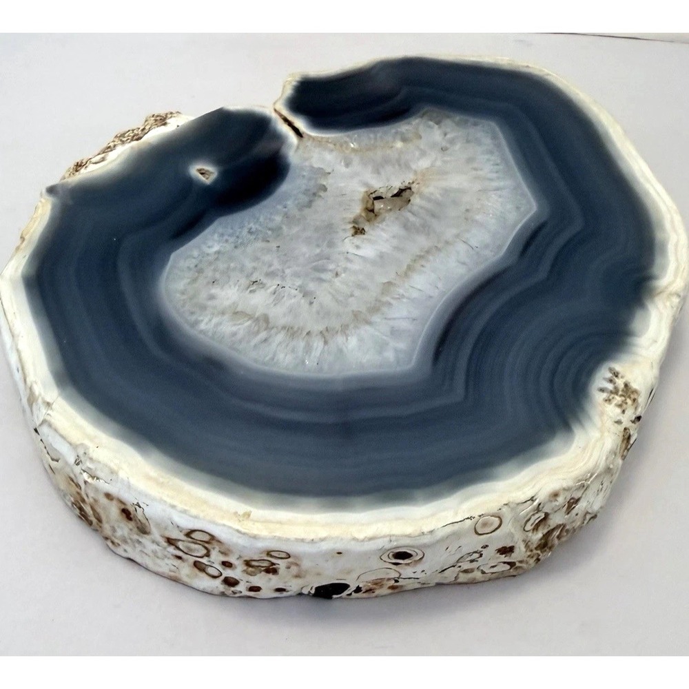 Polished Blue Agate Geode Slice 6"Banded Quartz Crystal Mineral Specimen Large
